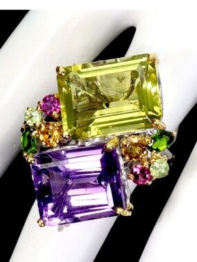 A Masterpiece! Large 38ct rich purple Genuine Amethyst & Lemon Quartz Ring.